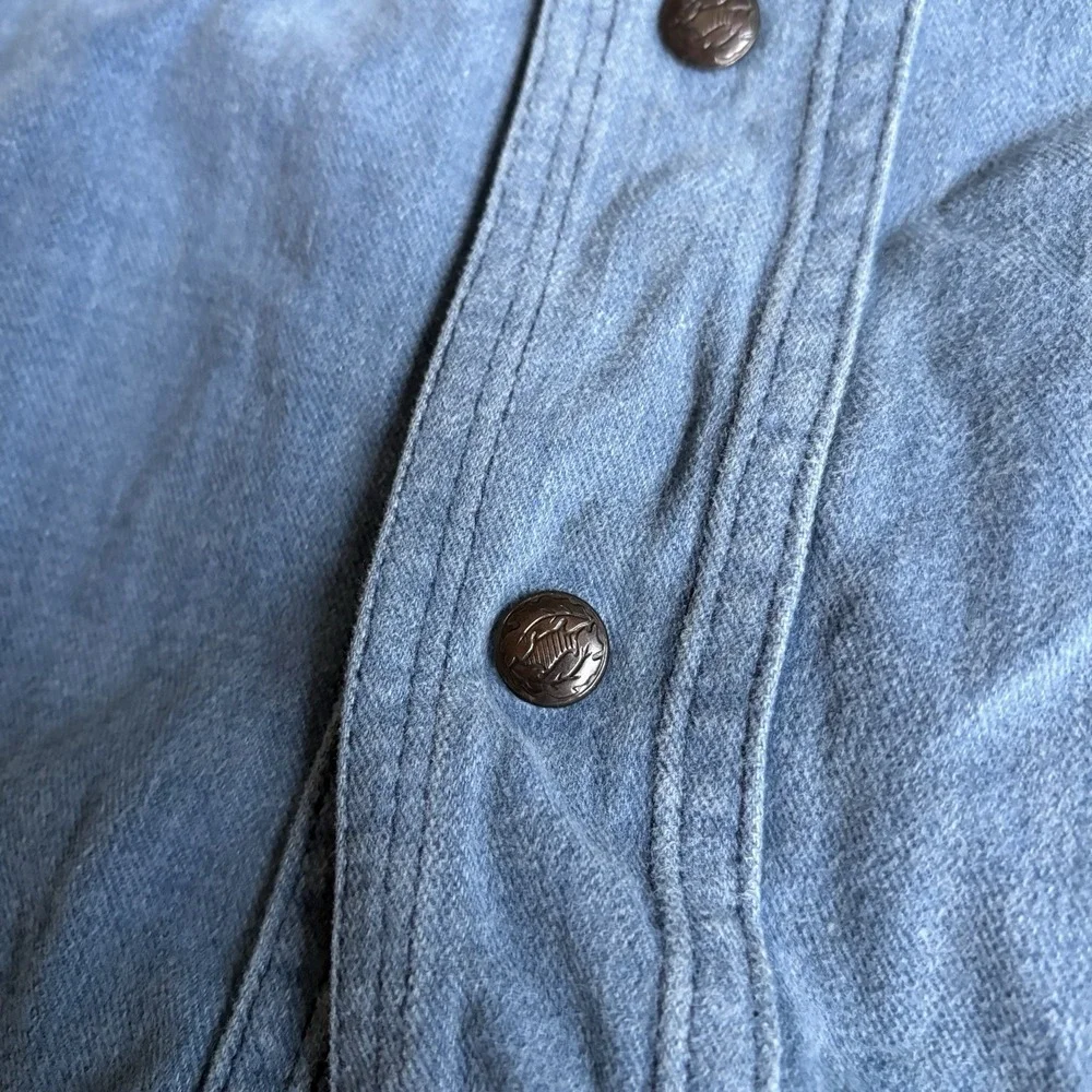 Vtg 70s Denim Safari Jacket Hong Kong Dagger Collar Epaulettes Workwear Coat 42